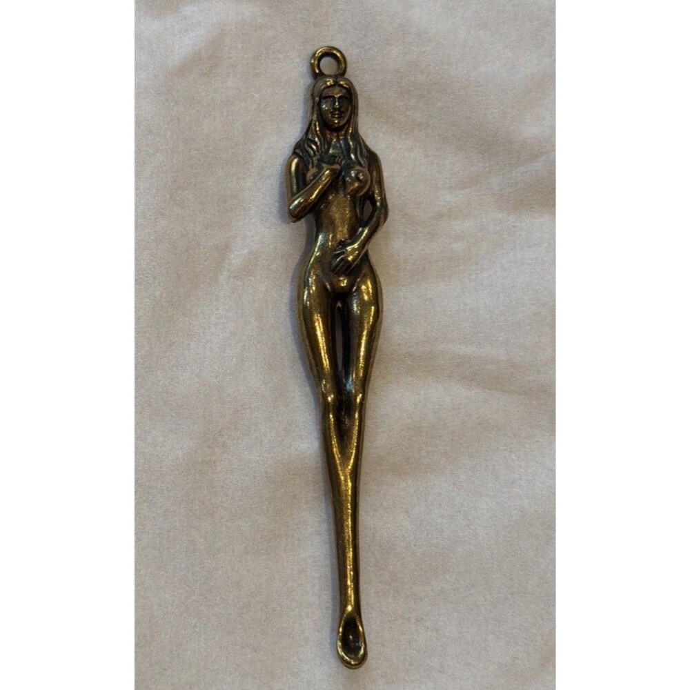 Vintage Brass Figural Nude Woman Mini Spoon Pendant Snuff Spice Charm 3”